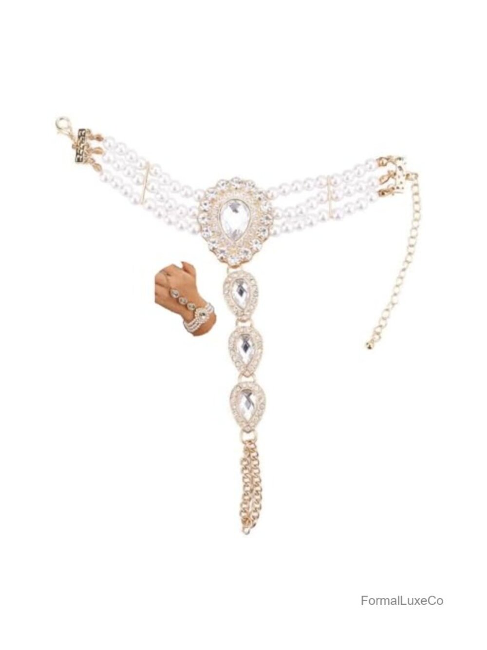 Vintage Flapper Pearl Bracelet Rhinestone Finger Ring Link Chain Stretch